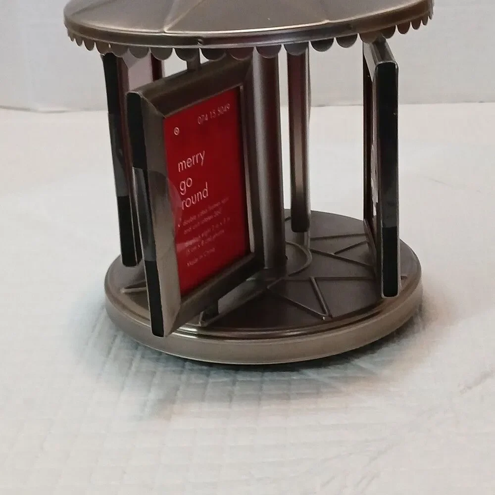 VTG Merry Go Round Double Sided Frame Spin & Unit 360° 2×3 Photos Metal Pewter